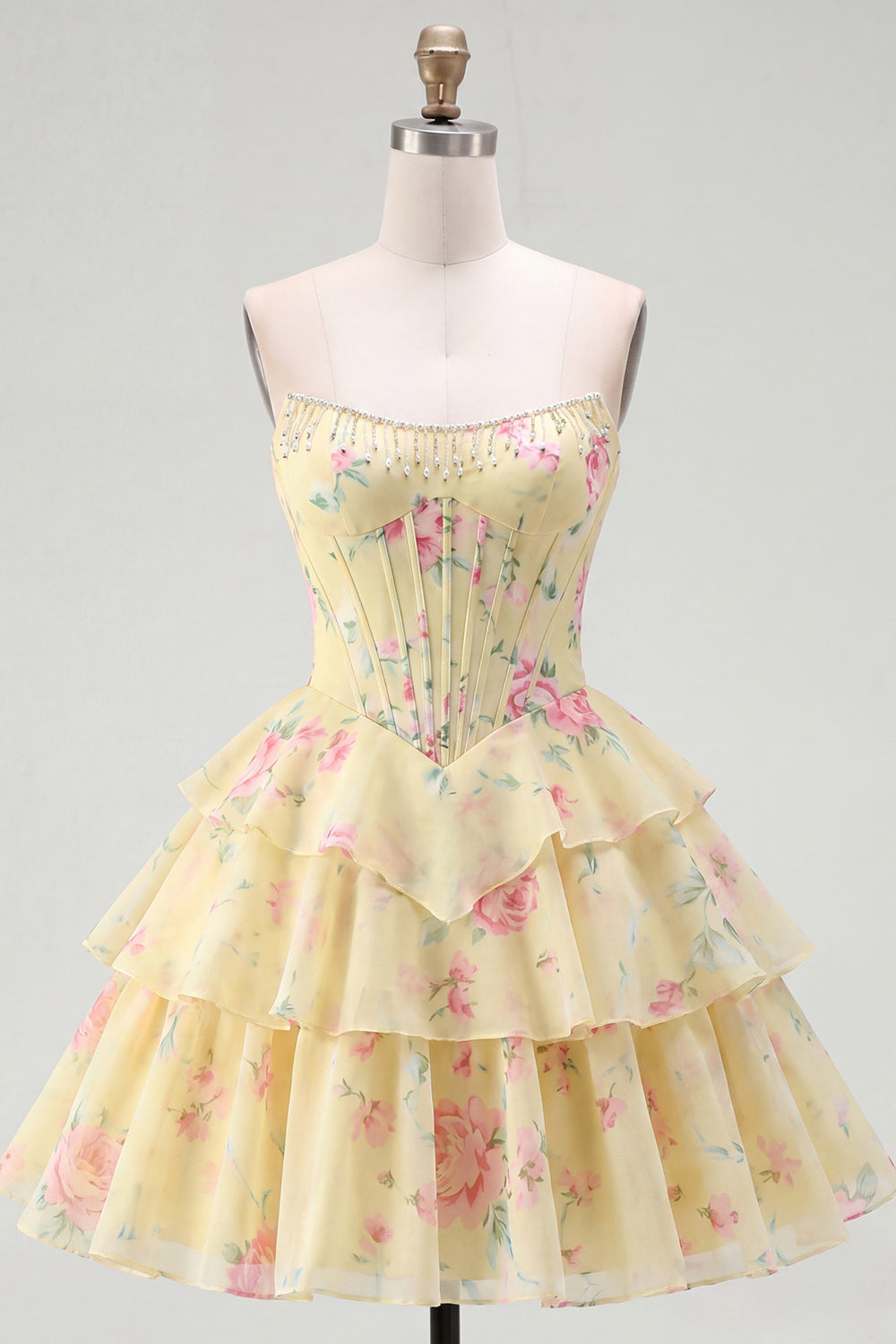 Robe de bal A-Line bustier corset jaune à fleurs étagée