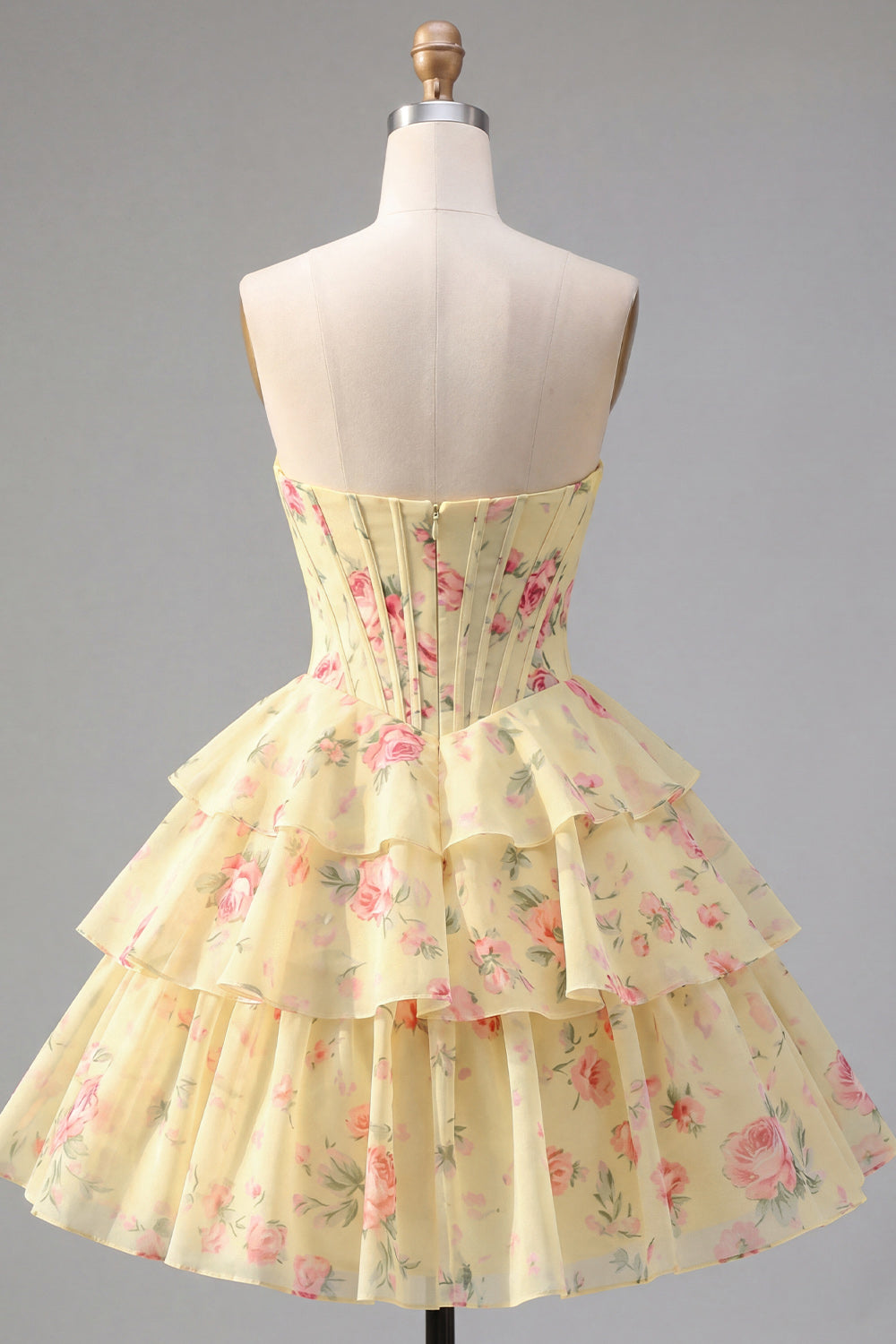Robe de bal A-Line bustier corset jaune à fleurs étagée