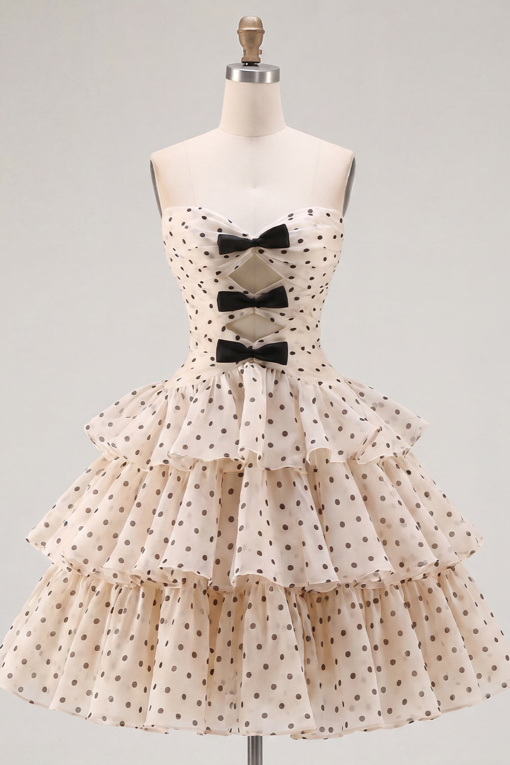 Apricot Black Dot A-Line Sweetheart Chiffon Tiered Homecoming Dress with Bow