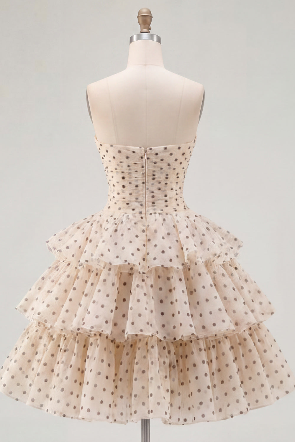 Apricot Black Dot A-Line Sweetheart Chiffon Tiered Homecoming Dress with Bow