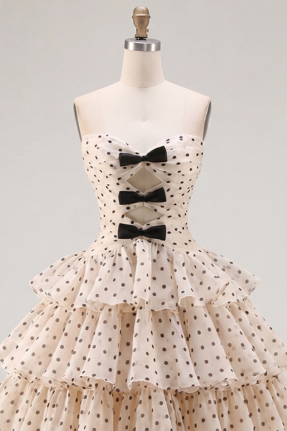 Apricot Black Dot A-Line Sweetheart Chiffon Tiered Homecoming Dress with Bow