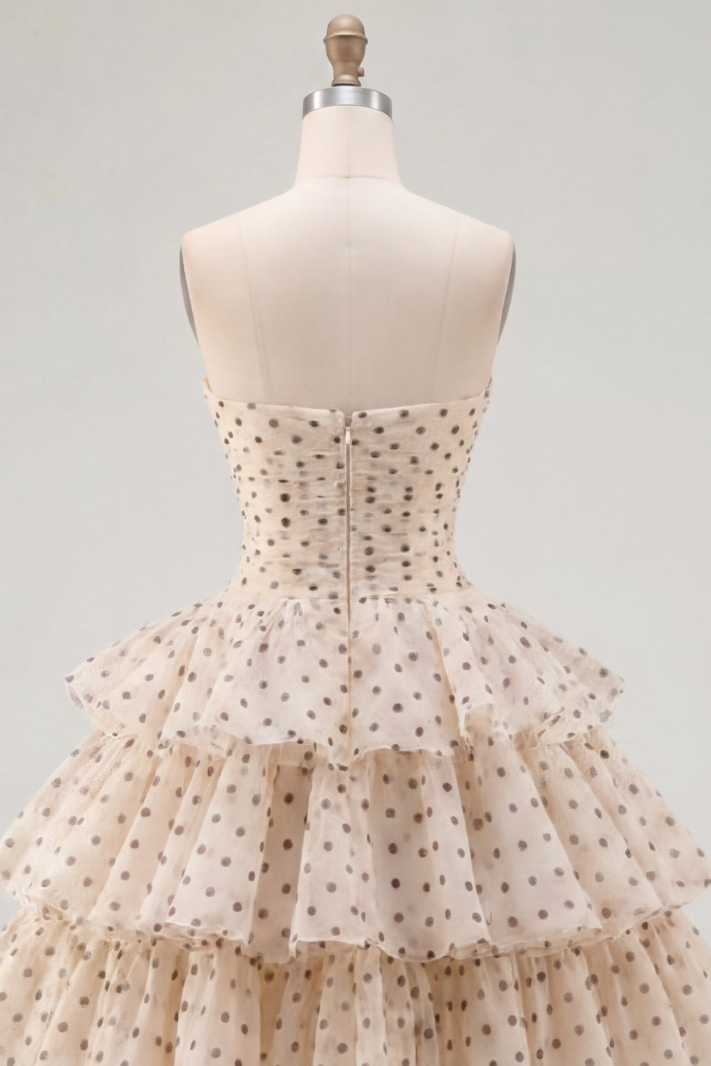 Apricot Black Dot A-Line Sweetheart Chiffon Tiered Homecoming Dress with Bow
