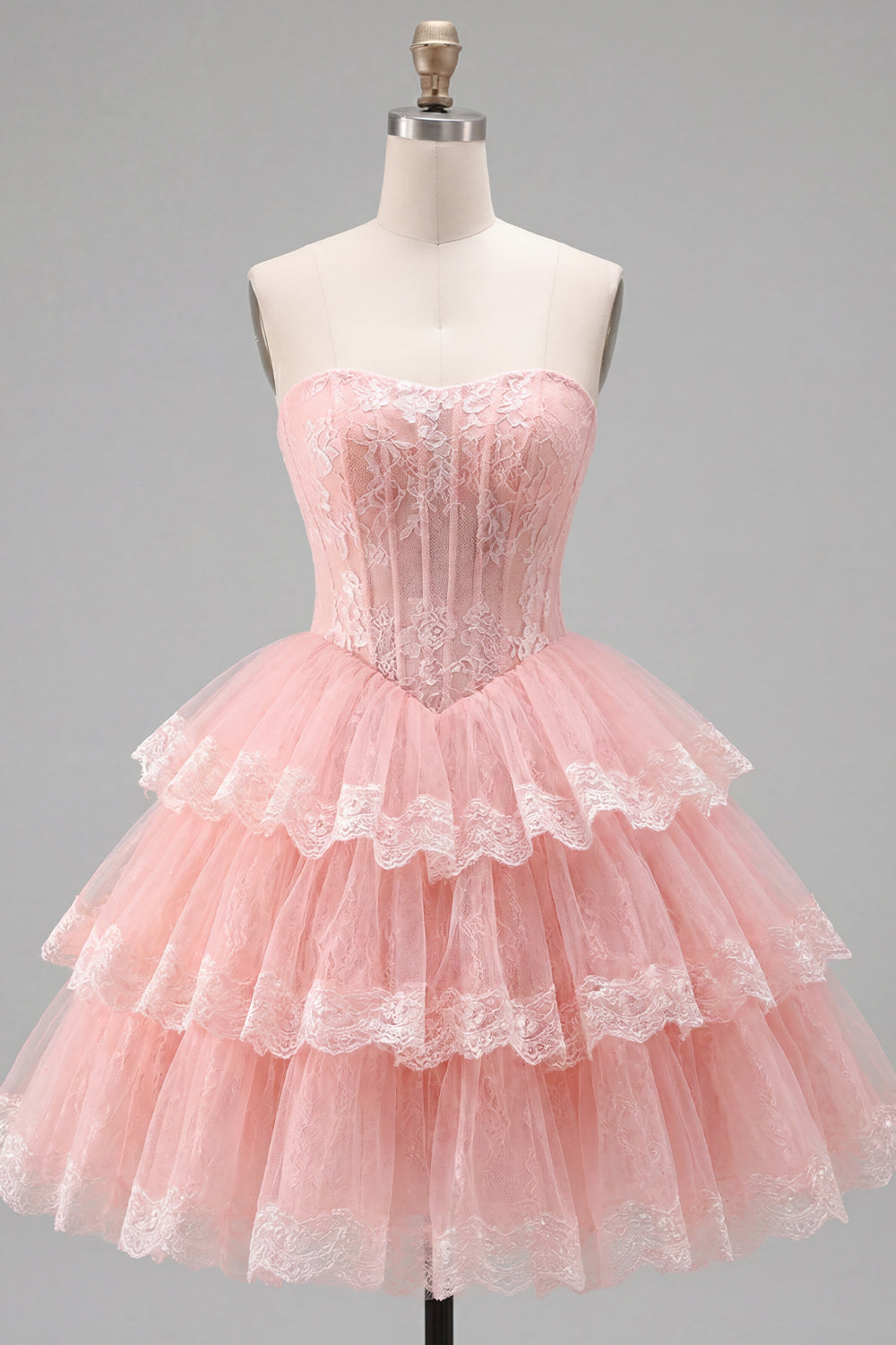 Vestido de fiesta rosa de tul en línea A con corsé floral y volantes
