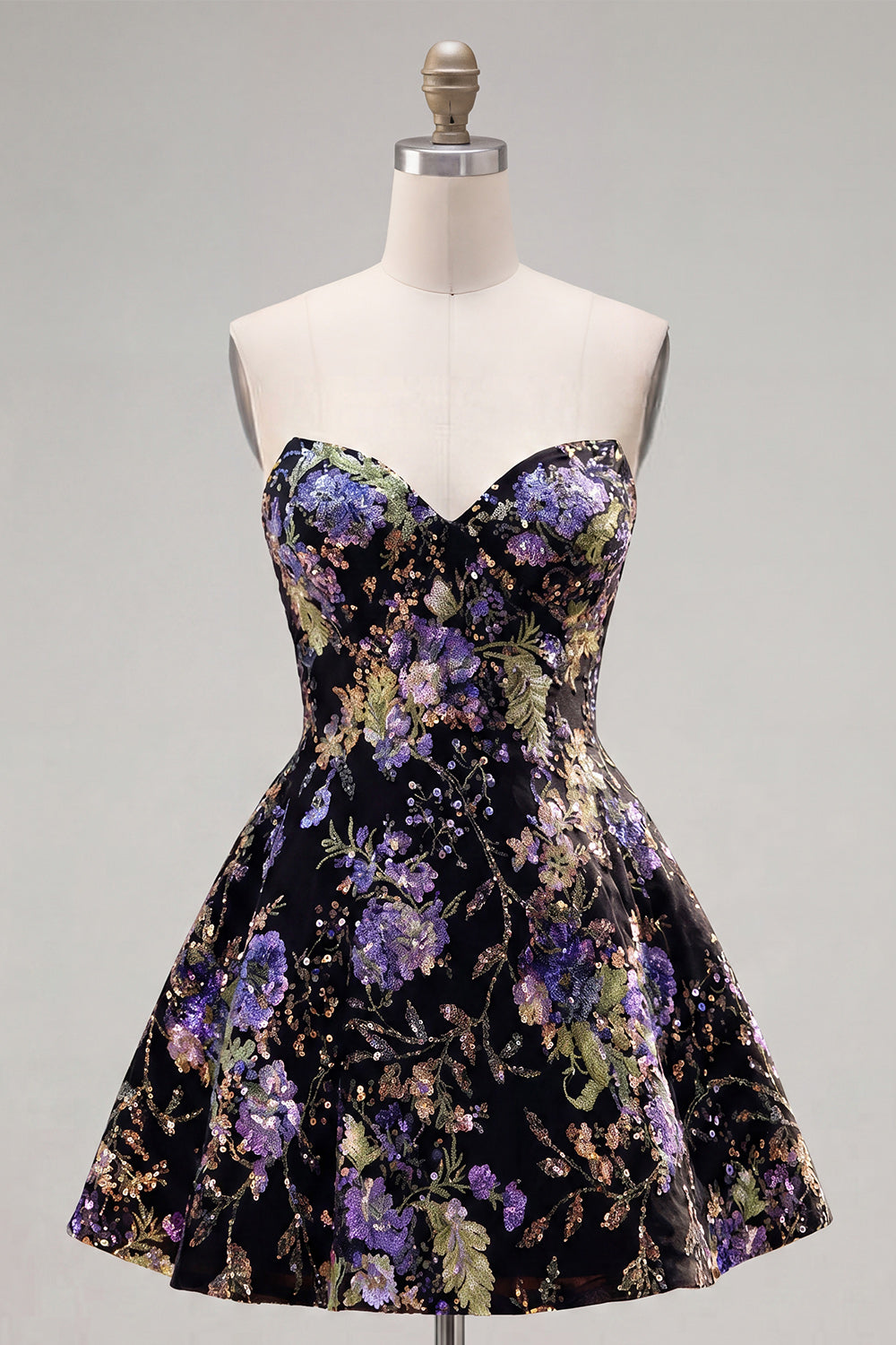 Pink Strapless A-Line Sequin Floral Homecoming Dress with Lace Up Back