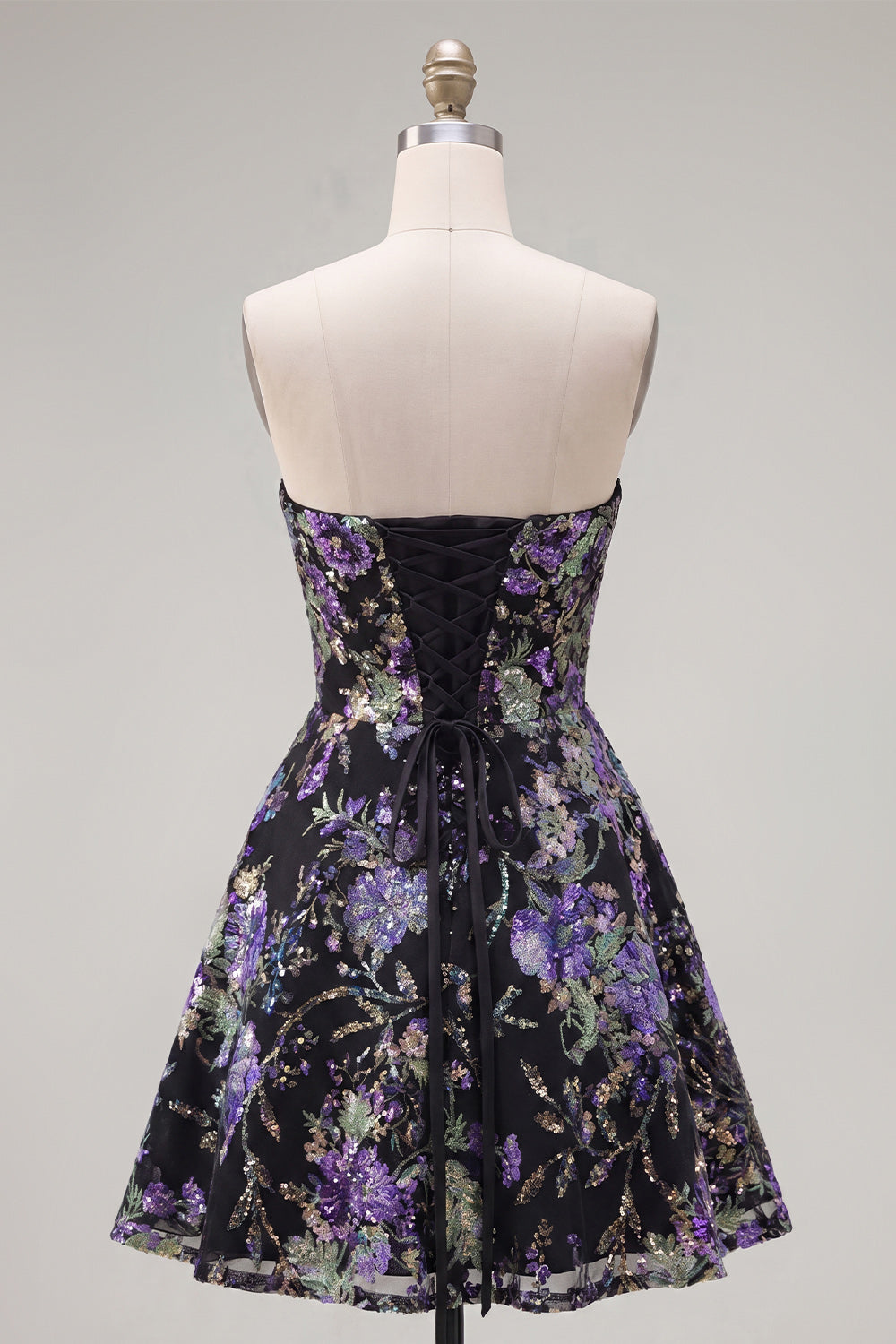 Pink Strapless A-Line Sequin Floral Homecoming Dress with Lace Up Back