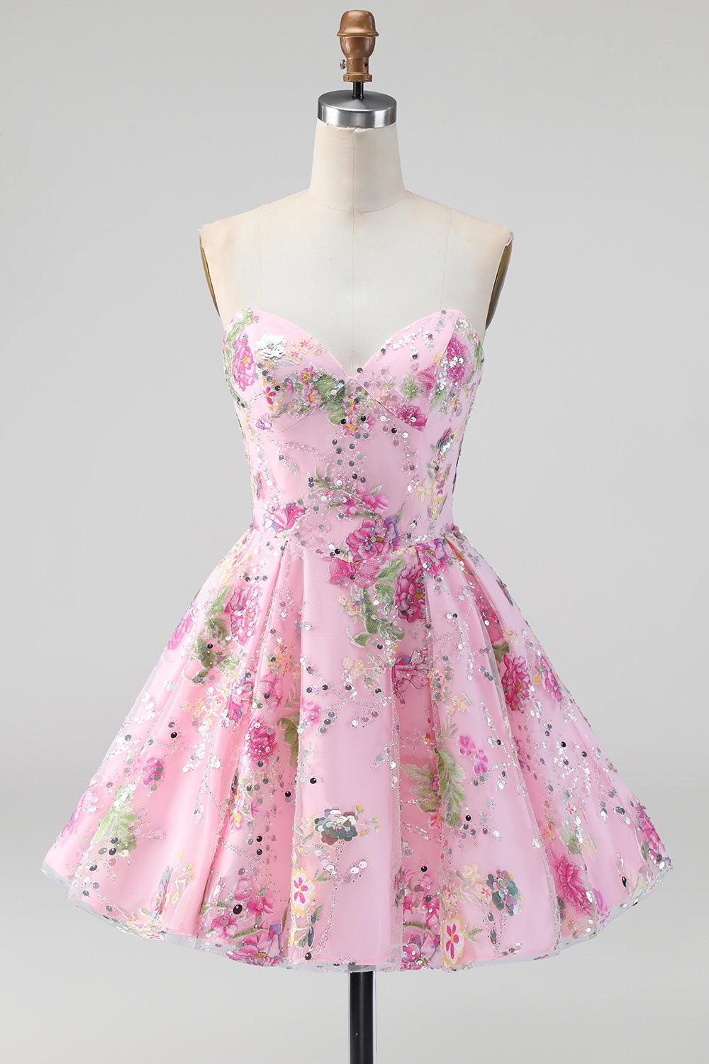 Pink Strapless A-Line Sequin Floral Homecoming Dress with Lace Up Back