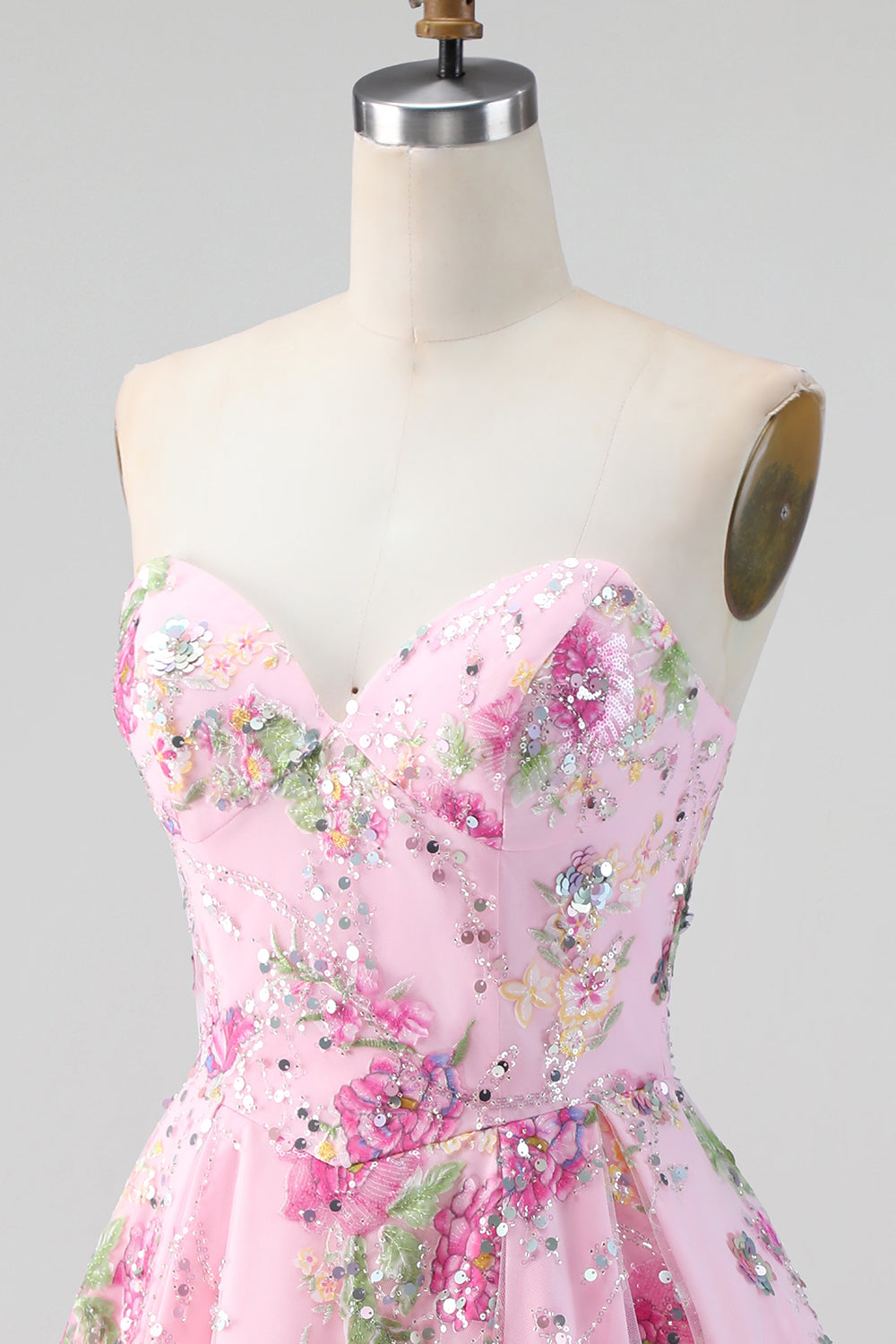 Pink Strapless A-Line Sequin Floral Homecoming Dress with Lace Up Back
