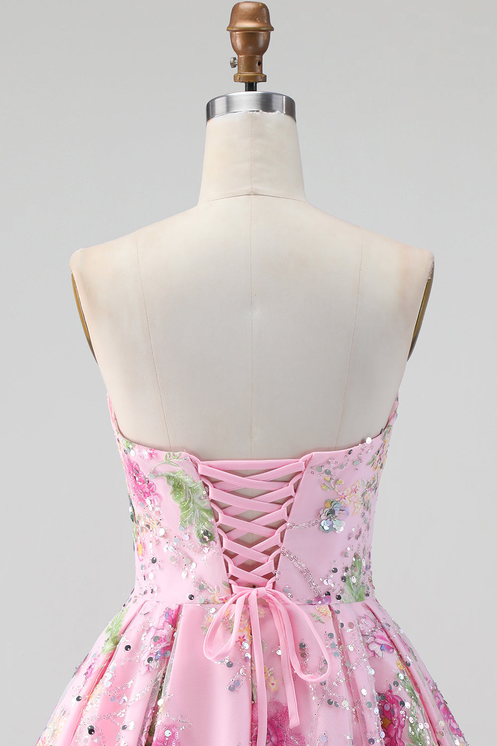 Pink Strapless A-Line Sequin Floral Homecoming Dress with Lace Up Back