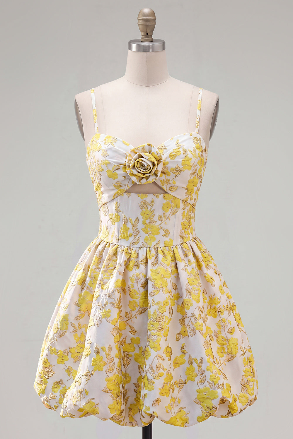 Robe de bal florale trapèze jaune à fines bretelles