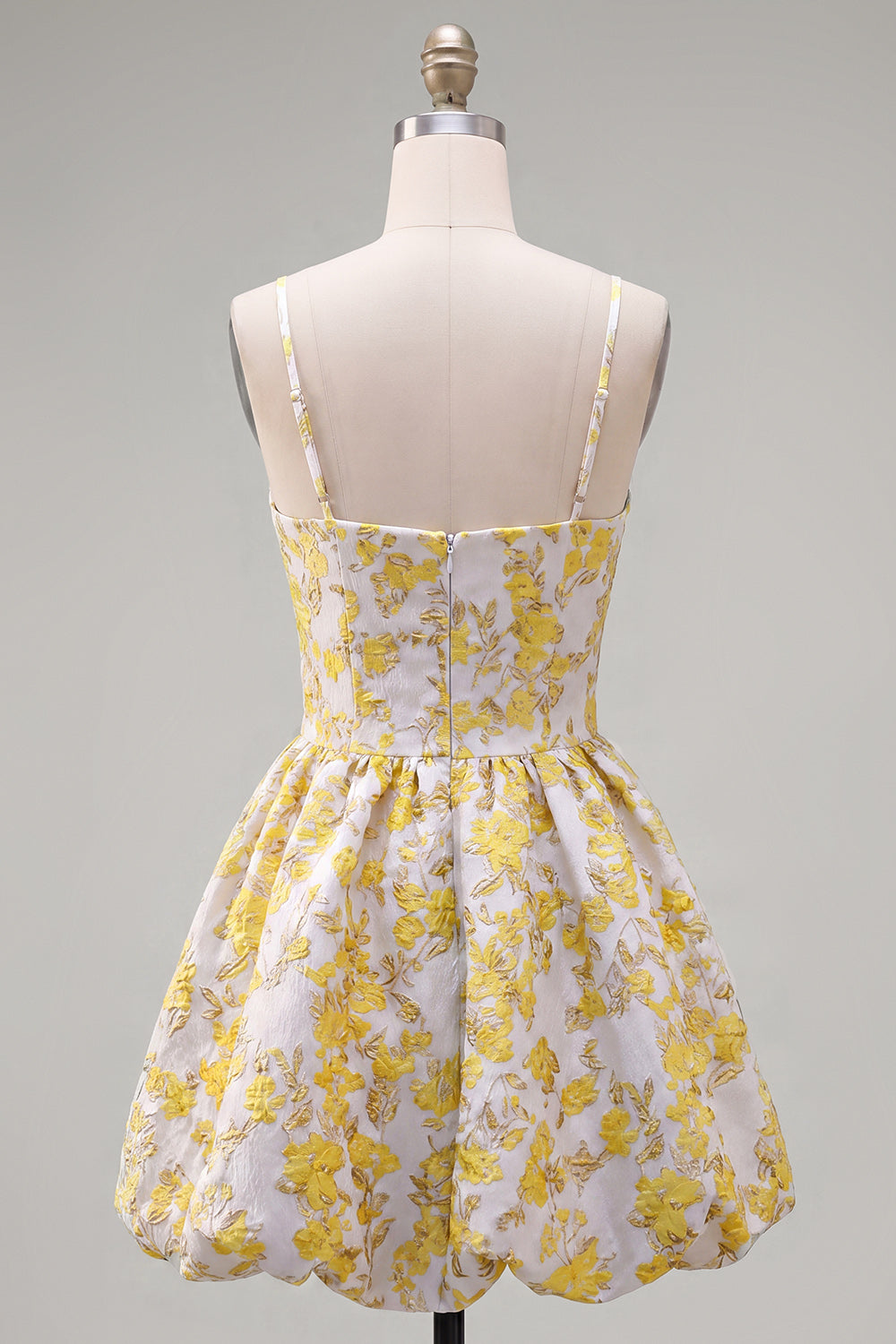 Robe de bal florale trapèze jaune à fines bretelles