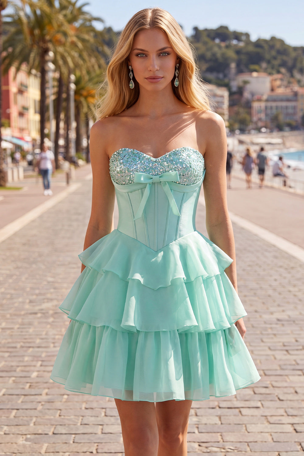 Mint A-Line Sweetheart Corset Chiffon Tiered Homecoming Dress