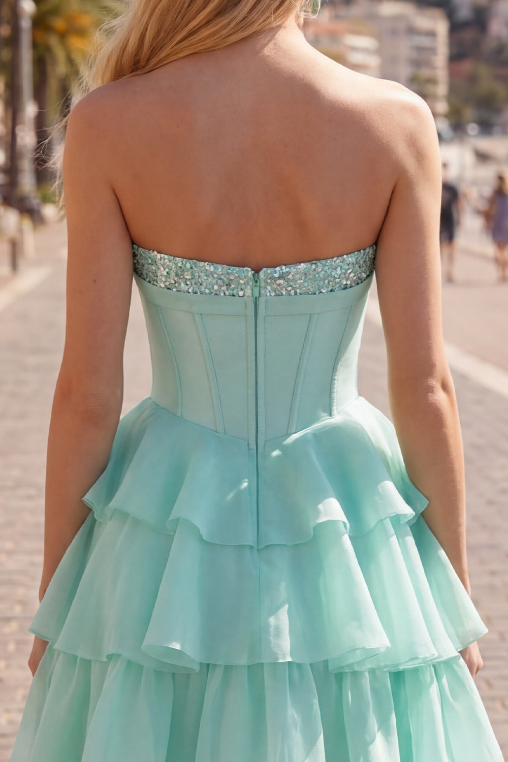 Mint A-Line Sweetheart Corset Chiffon Tiered Homecoming Dress