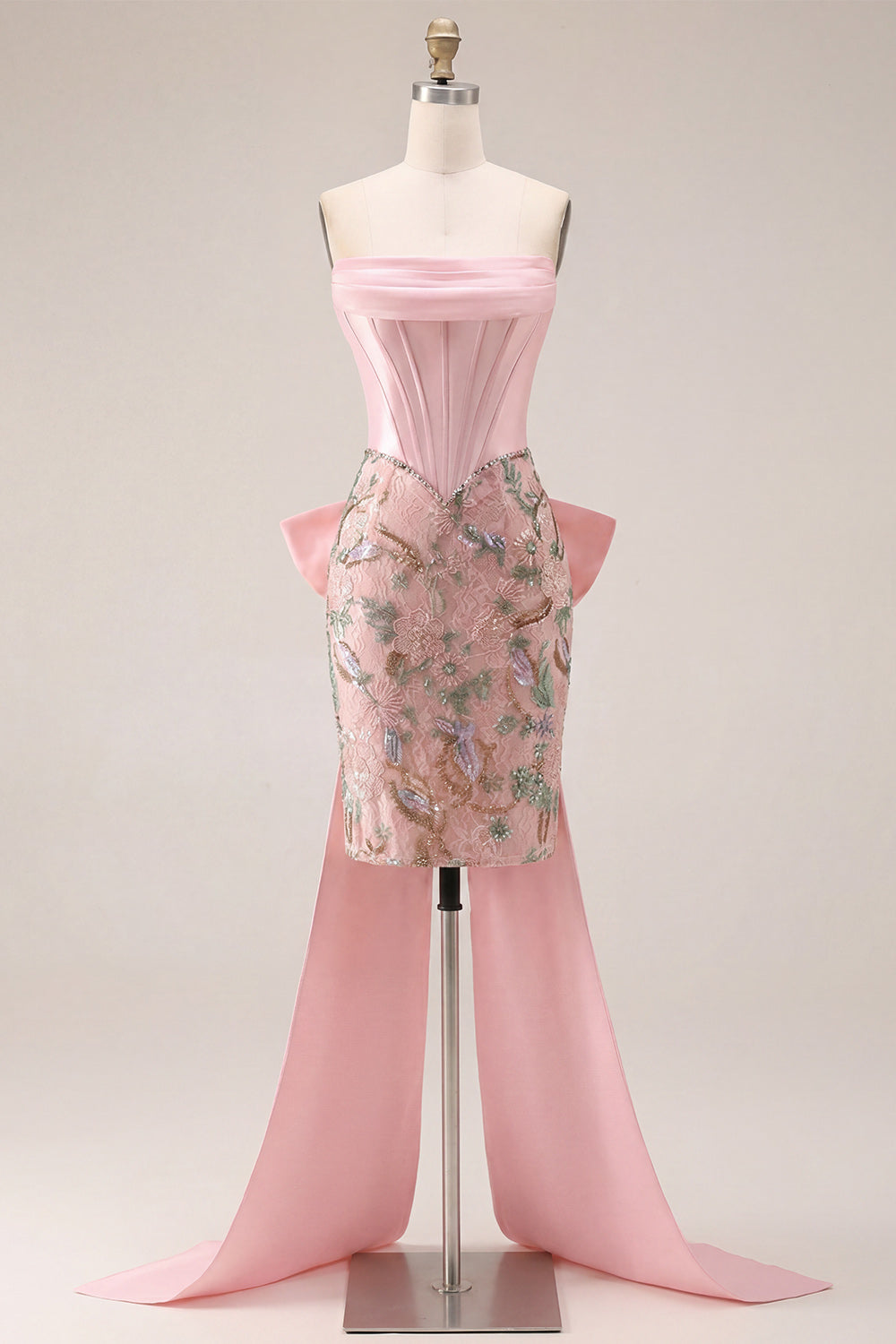 Pink Bodycon Floral Strapless Corset Homecoming Dress with Bow