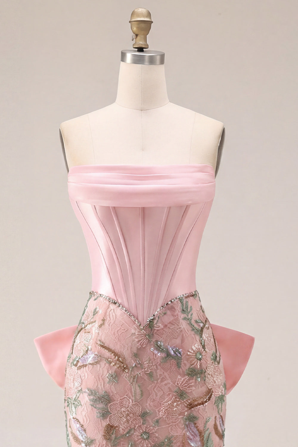 Pink Bodycon Floral Strapless Corset Homecoming Dress with Bow