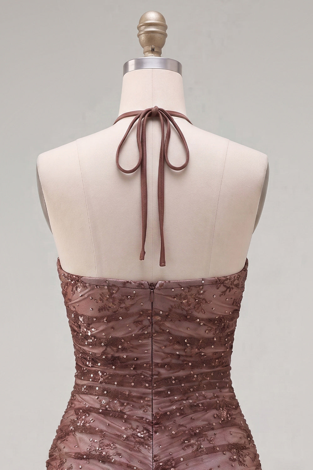 Chocolate Bodycon Halter Neck Ruched Homecoming Dress with Beading