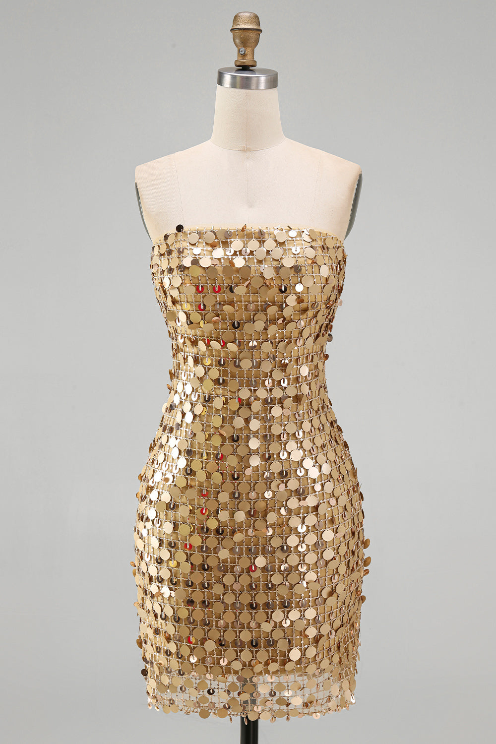 Robe de bal moulante bustier à paillettes dorées scintillantes