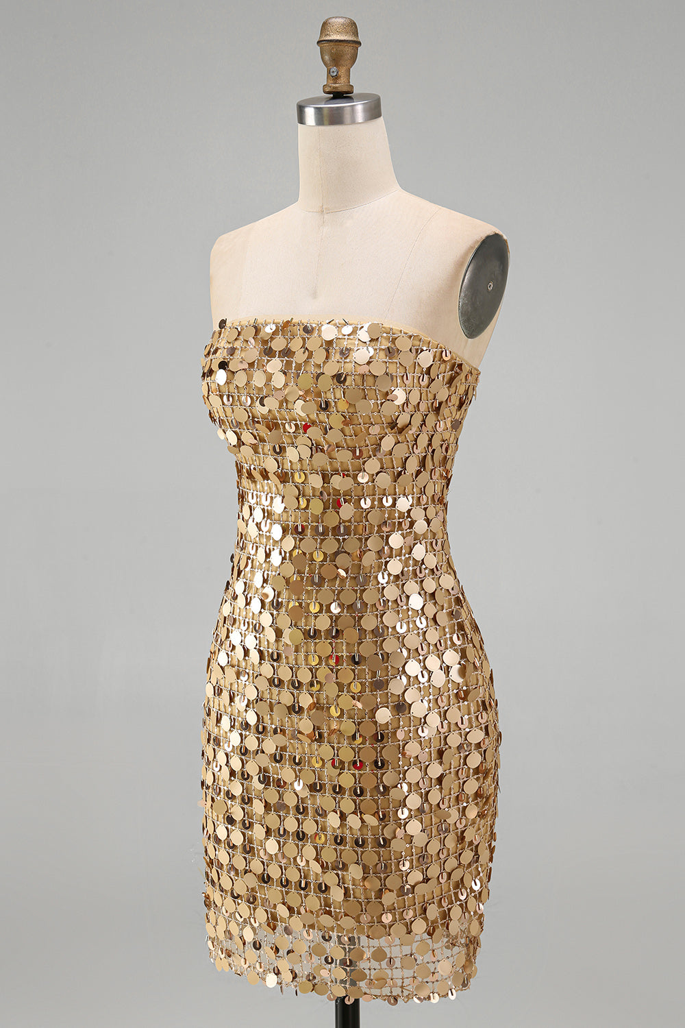 Robe de bal moulante bustier à paillettes dorées scintillantes