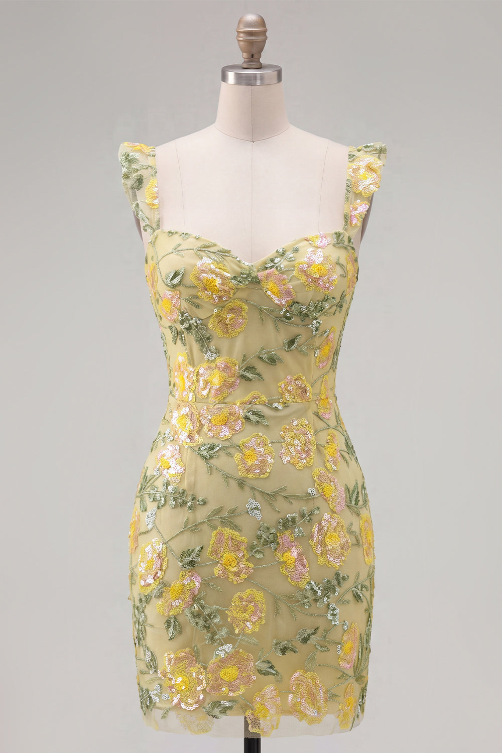 Yellow Floral Sequin Embroidered Sweetheart Bodycon Homecoming Dress