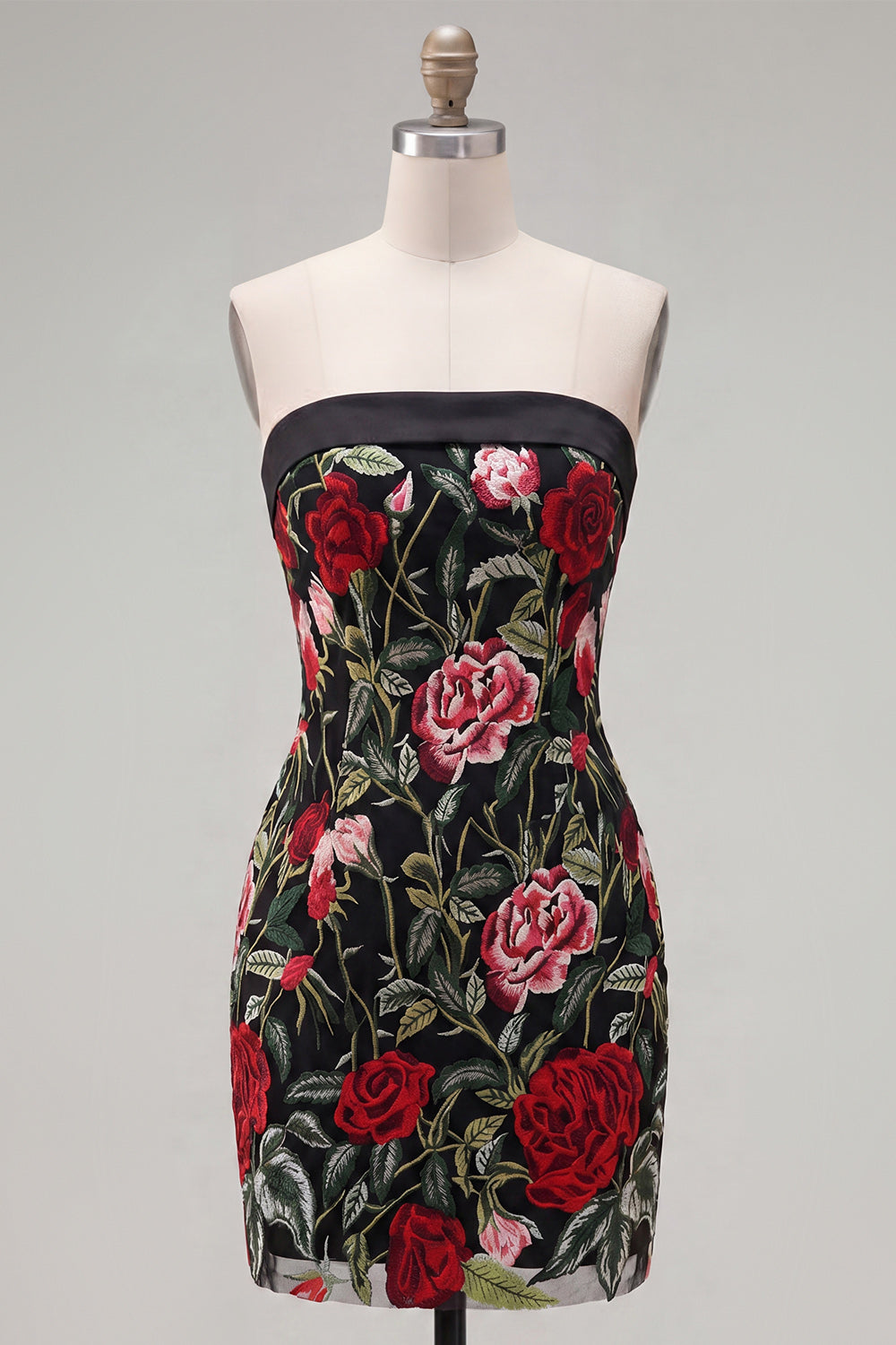 Strapless Red Rose Embroidered Black Bodycon Homecoming Dress