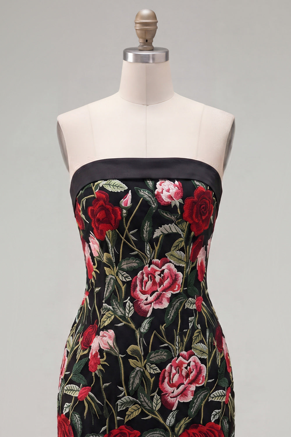Strapless Red Rose Embroidered Black Bodycon Homecoming Dress