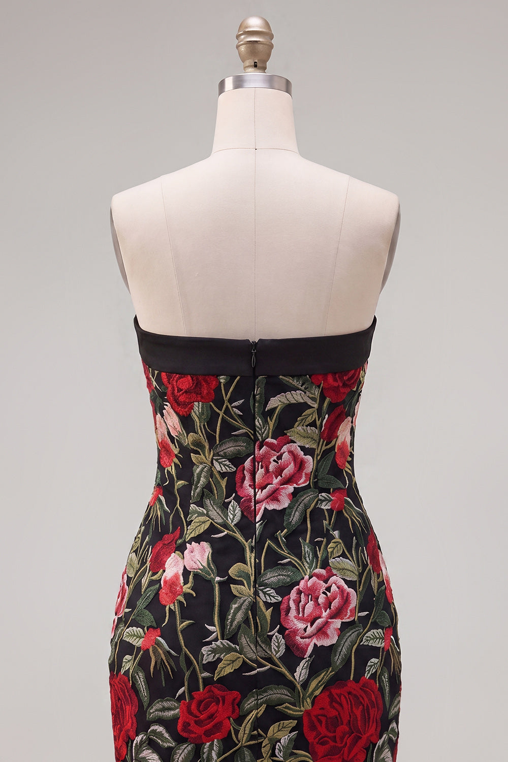 Strapless Red Rose Embroidered Black Bodycon Homecoming Dress
