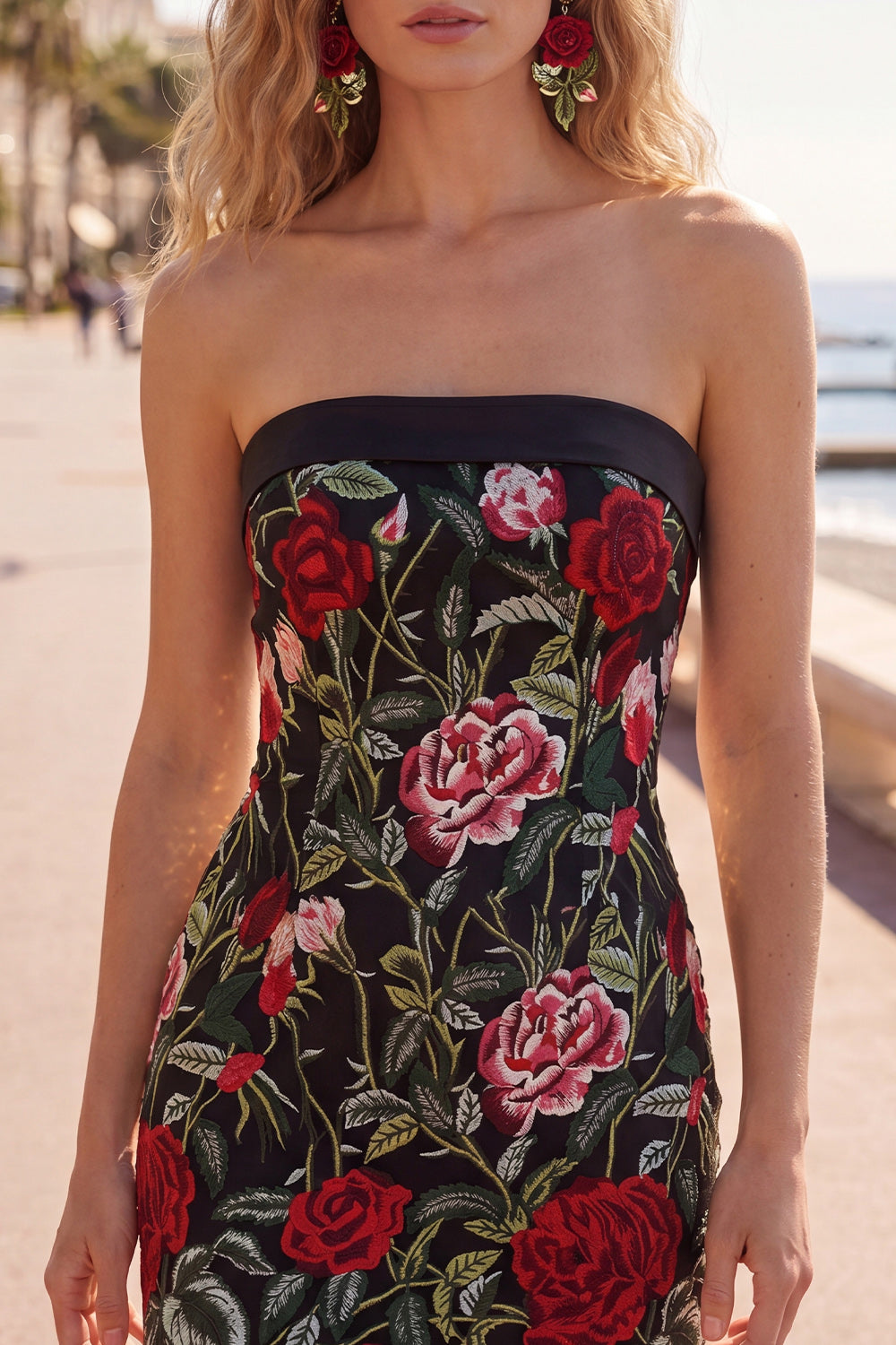 Strapless Red Rose Embroidered Black Bodycon Homecoming Dress