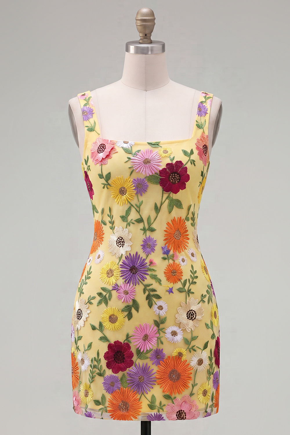 Yellow Square Neck Bodycon Floral Homecoming Dress with Embroidery