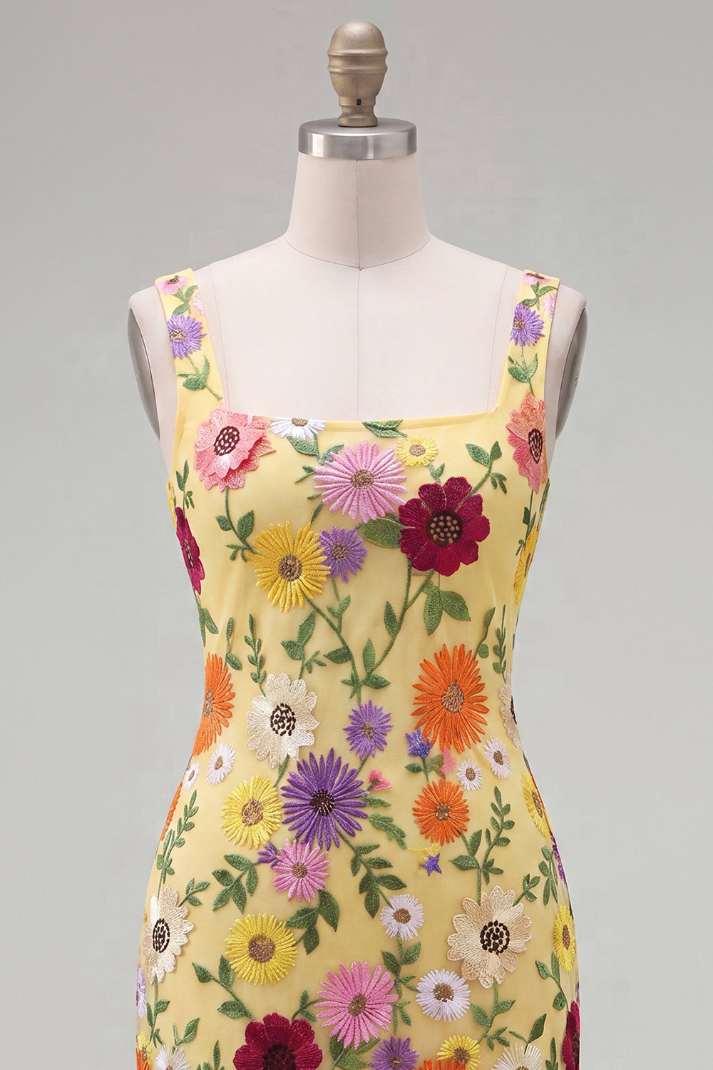 Yellow Square Neck Bodycon Floral Homecoming Dress with Embroidery