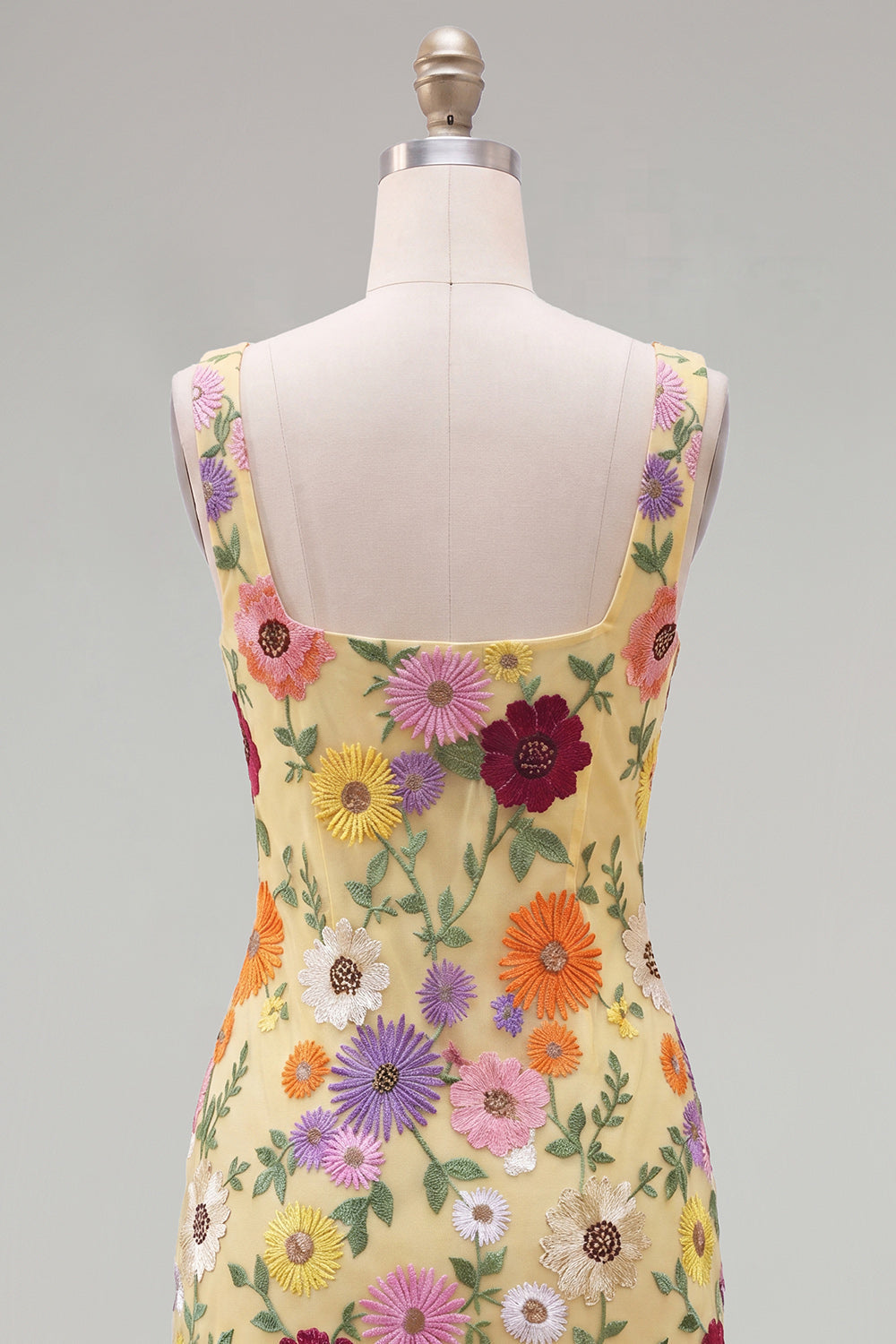 Yellow Square Neck Bodycon Floral Homecoming Dress with Embroidery