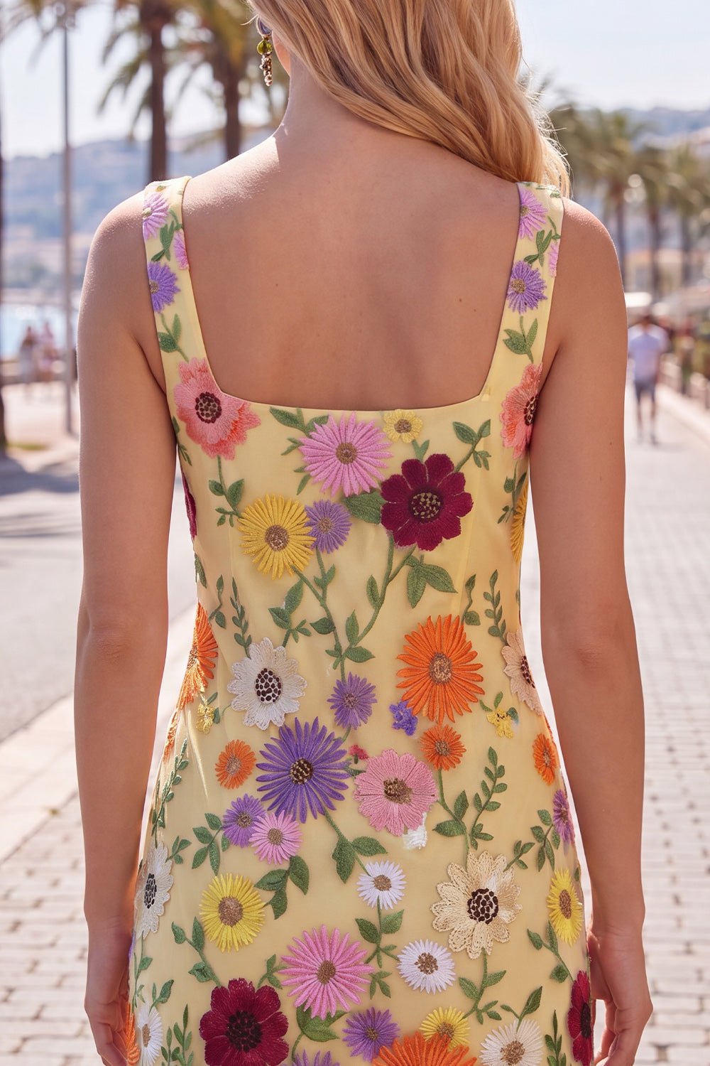 Yellow Square Neck Bodycon Floral Homecoming Dress with Embroidery