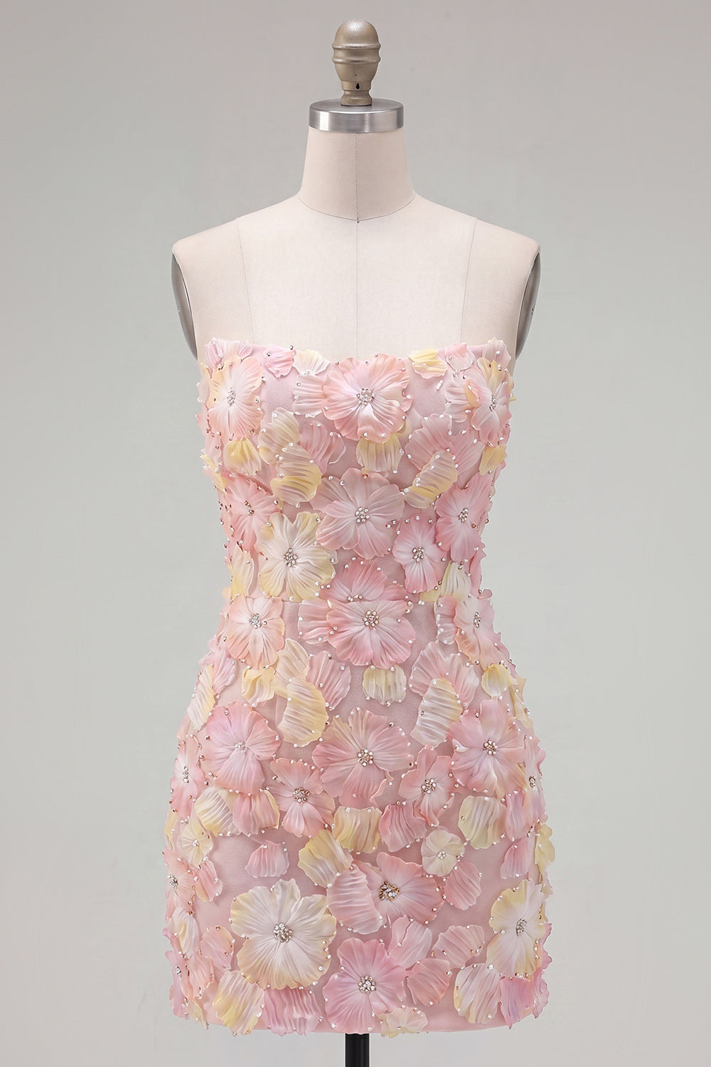 Pink Strapless Floral Short Bodycon Homecoming Dress with Beading