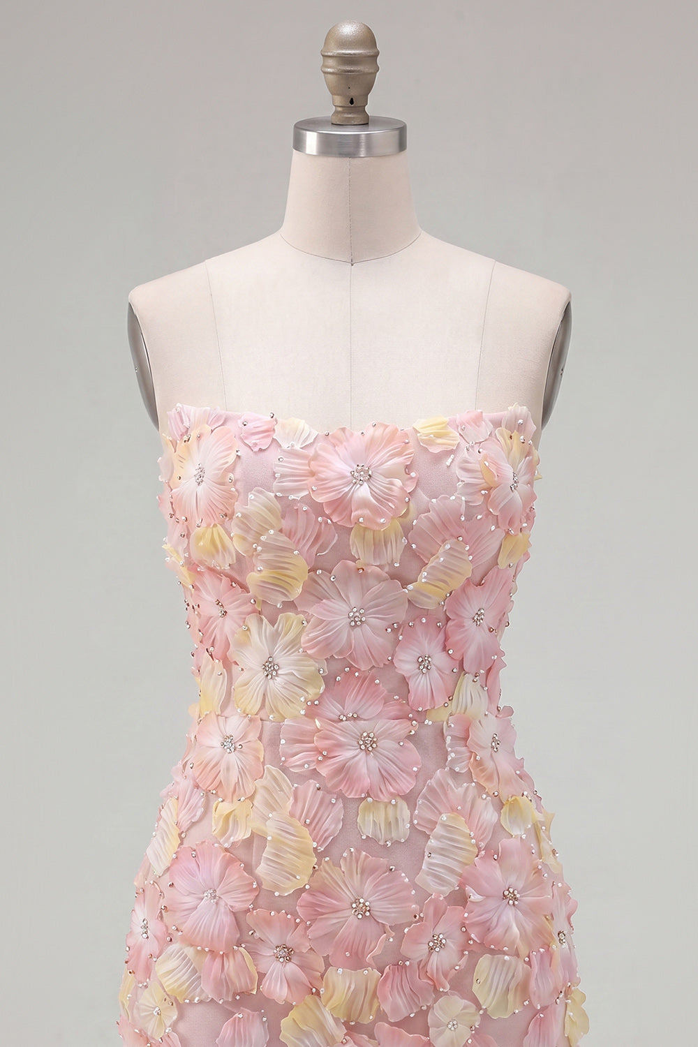 Pink Strapless Floral Short Bodycon Homecoming Dress with Beading