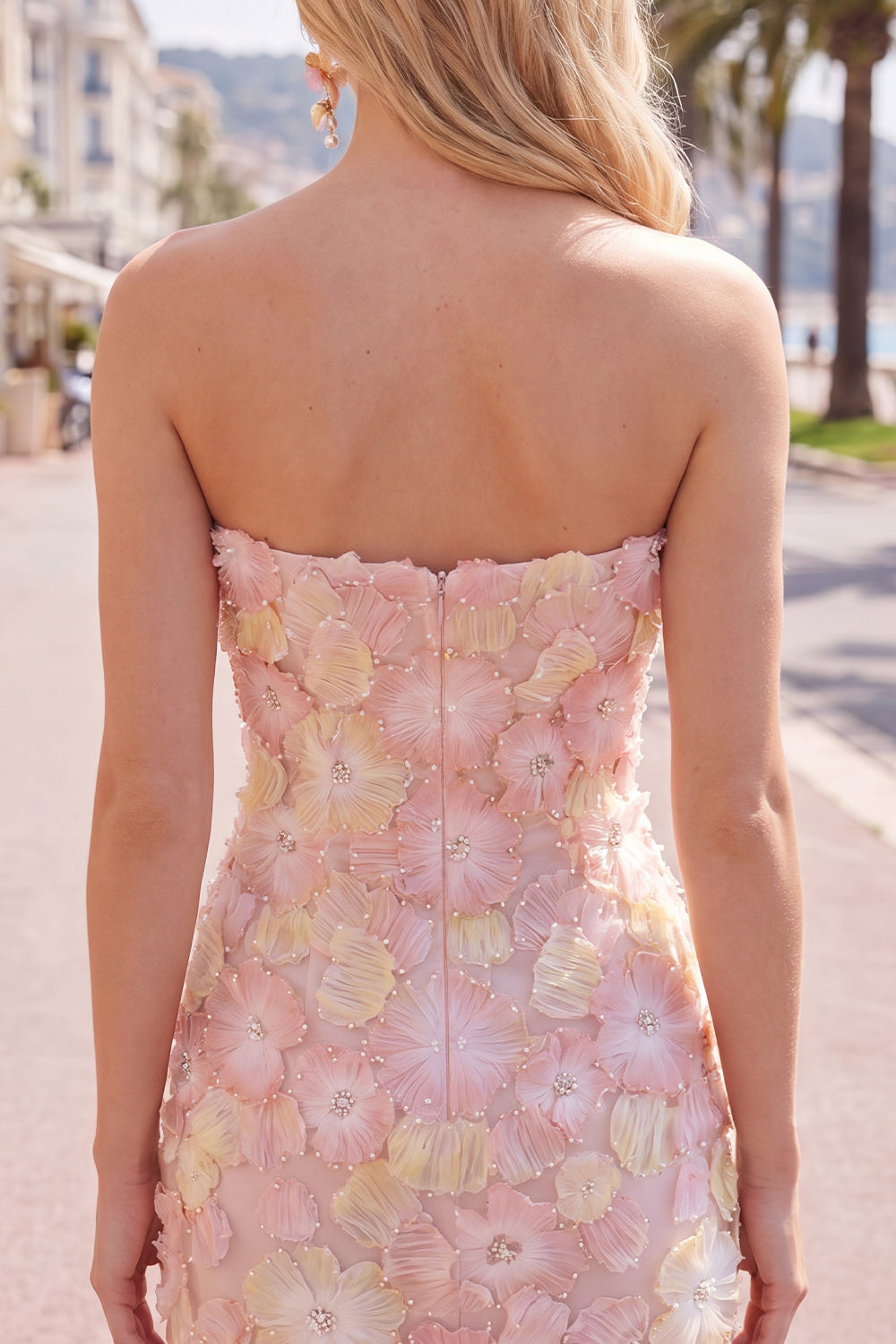 Pink Strapless Floral Short Bodycon Homecoming Dress with Beading