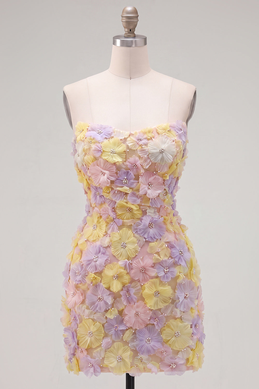Pink Strapless Floral Short Bodycon Homecoming Dress with Beading