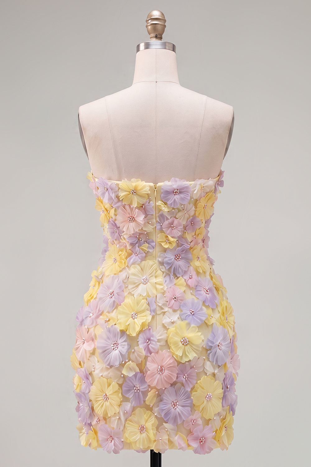 Pink Strapless Floral Short Bodycon Homecoming Dress with Beading