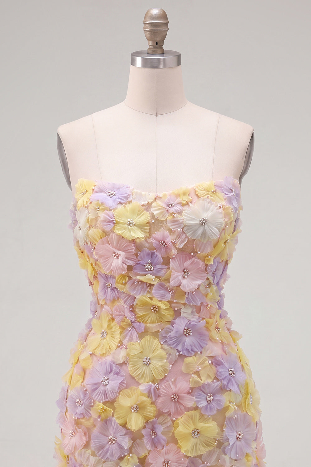 Pink Strapless Floral Short Bodycon Homecoming Dress with Beading