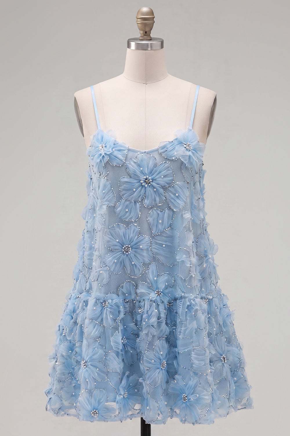 A-Line Blue Spaghetti Straps 3D Floral Homecoming Dress with Beading