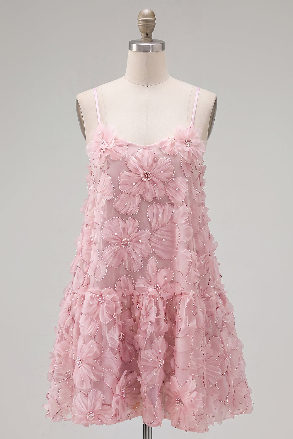 A-Line Blue Spaghetti Straps 3D Floral Homecoming Dress with Beading