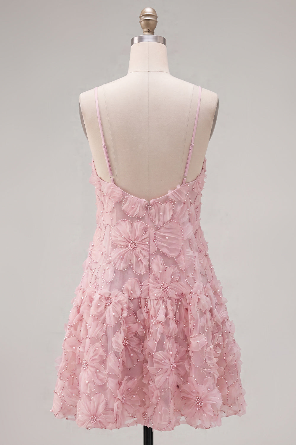 A-Line Blue Spaghetti Straps 3D Floral Homecoming Dress with Beading