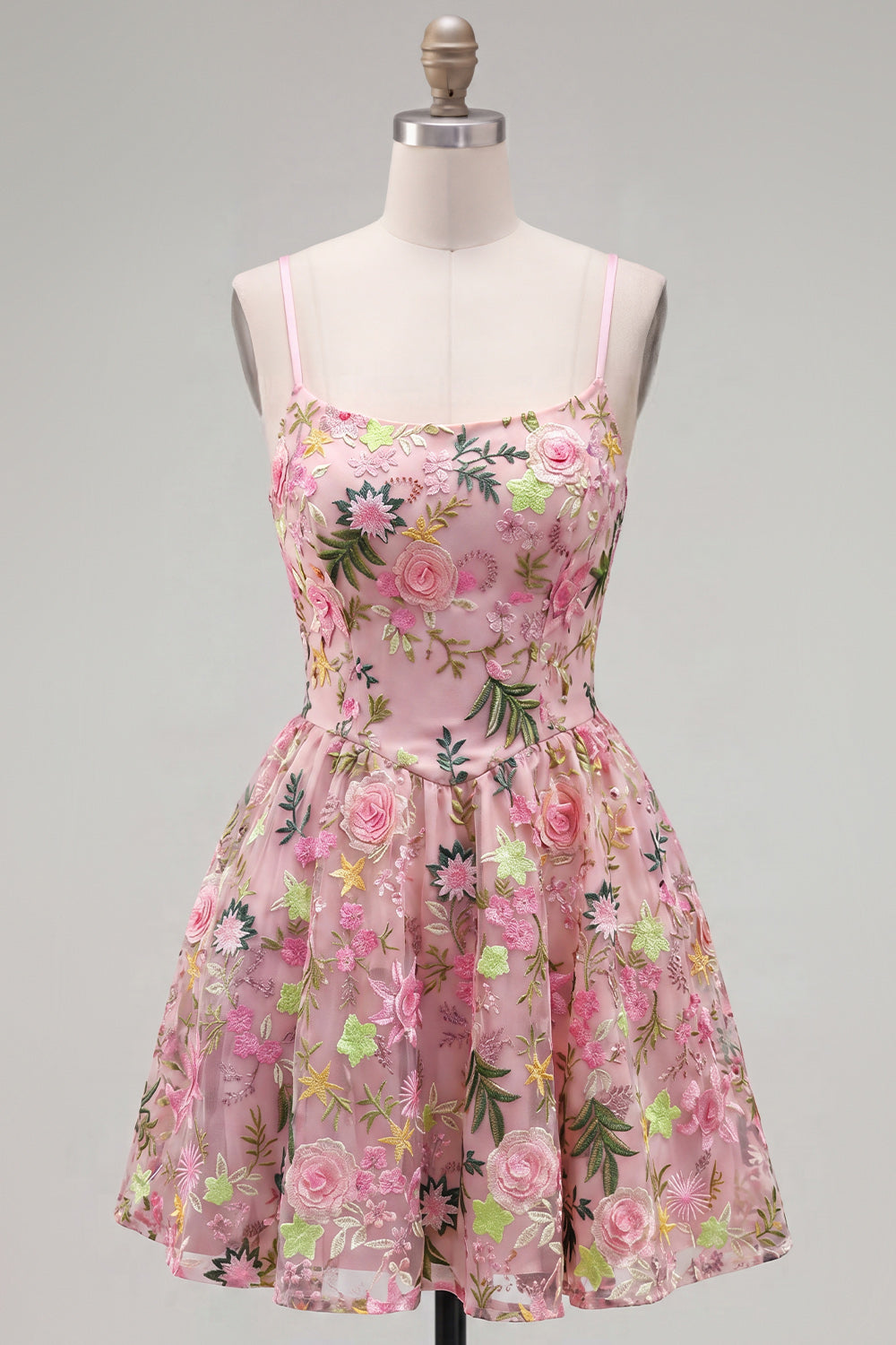 Pink A-Line Spaghetti Straps Lace-Up Back Floral Homecoming Dress with Embroidery