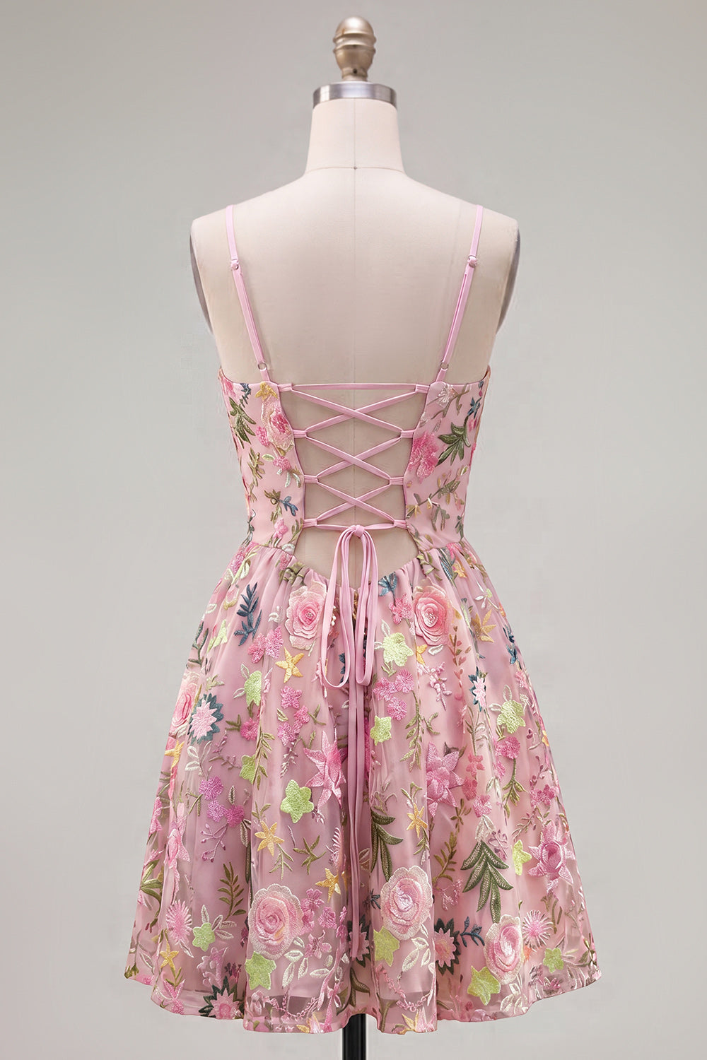 Pink A-Line Spaghetti Straps Lace-Up Back Floral Homecoming Dress with Embroidery