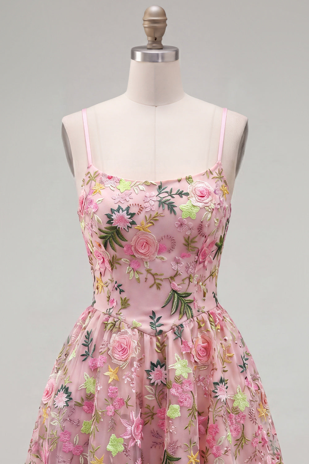 Pink A-Line Spaghetti Straps Lace-Up Back Floral Homecoming Dress with Embroidery