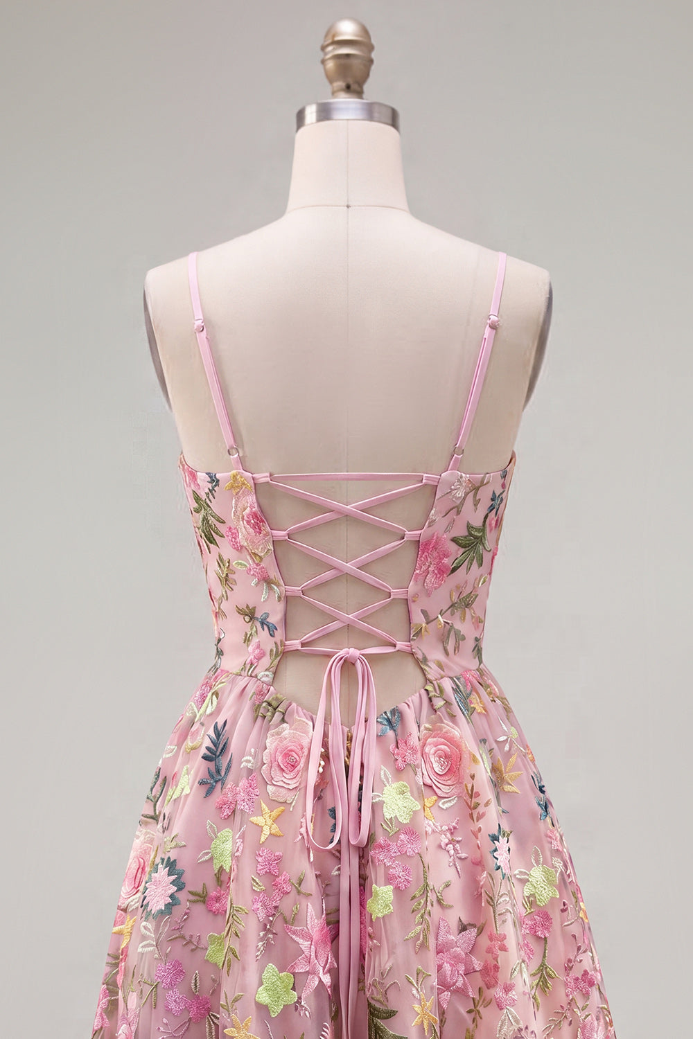 Pink A-Line Spaghetti Straps Lace-Up Back Floral Homecoming Dress with Embroidery