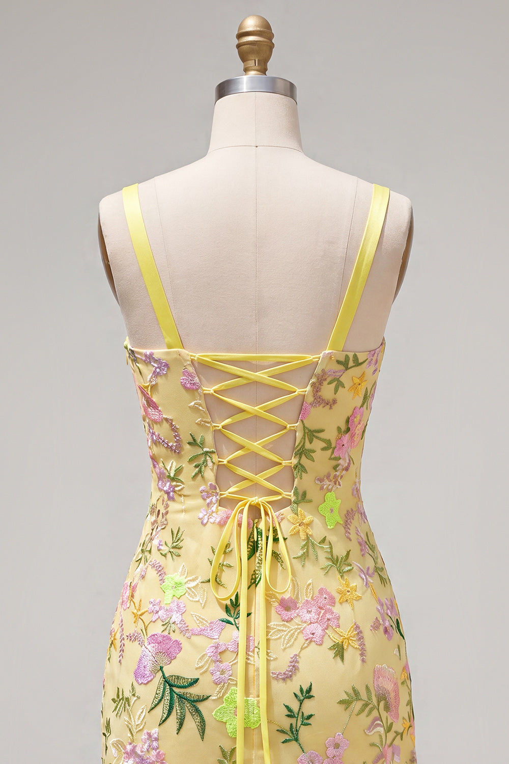 Yellow Bodycon Floral Embroidered Ruffled Homecoming Dress with Lace Up Back