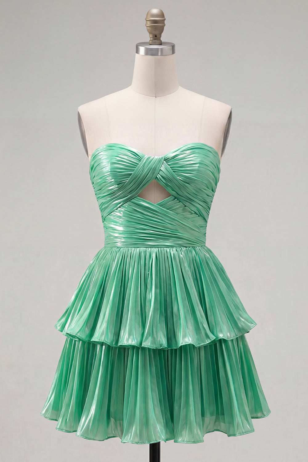 Robe de bal plissée froncée découpée trapèze cœur étagée vert métallique