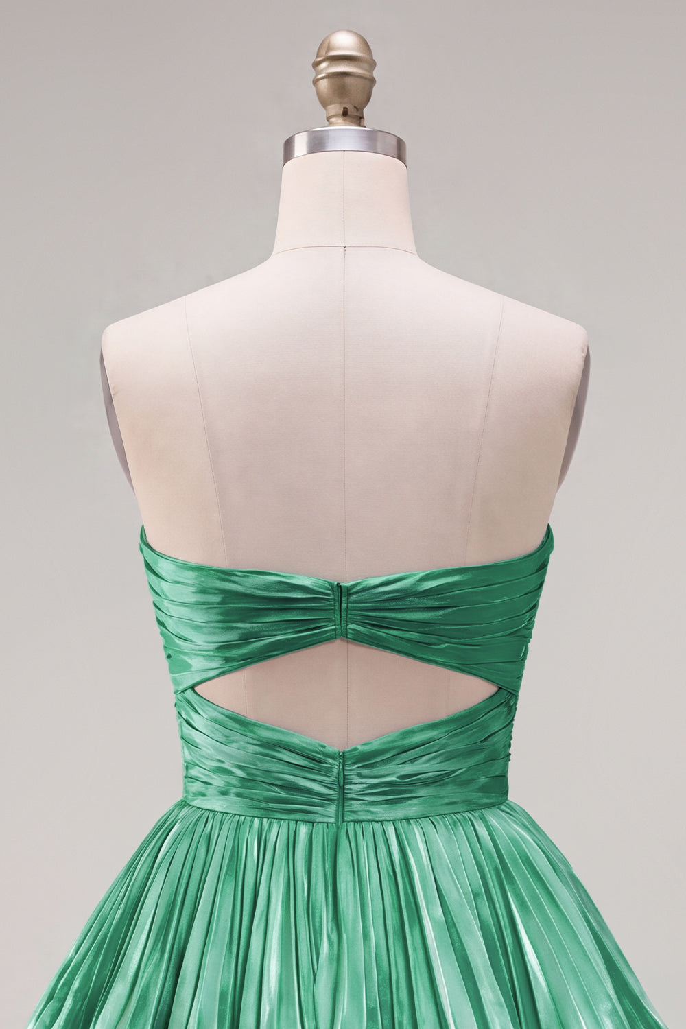 Robe de bal plissée froncée découpée trapèze cœur étagée vert métallique