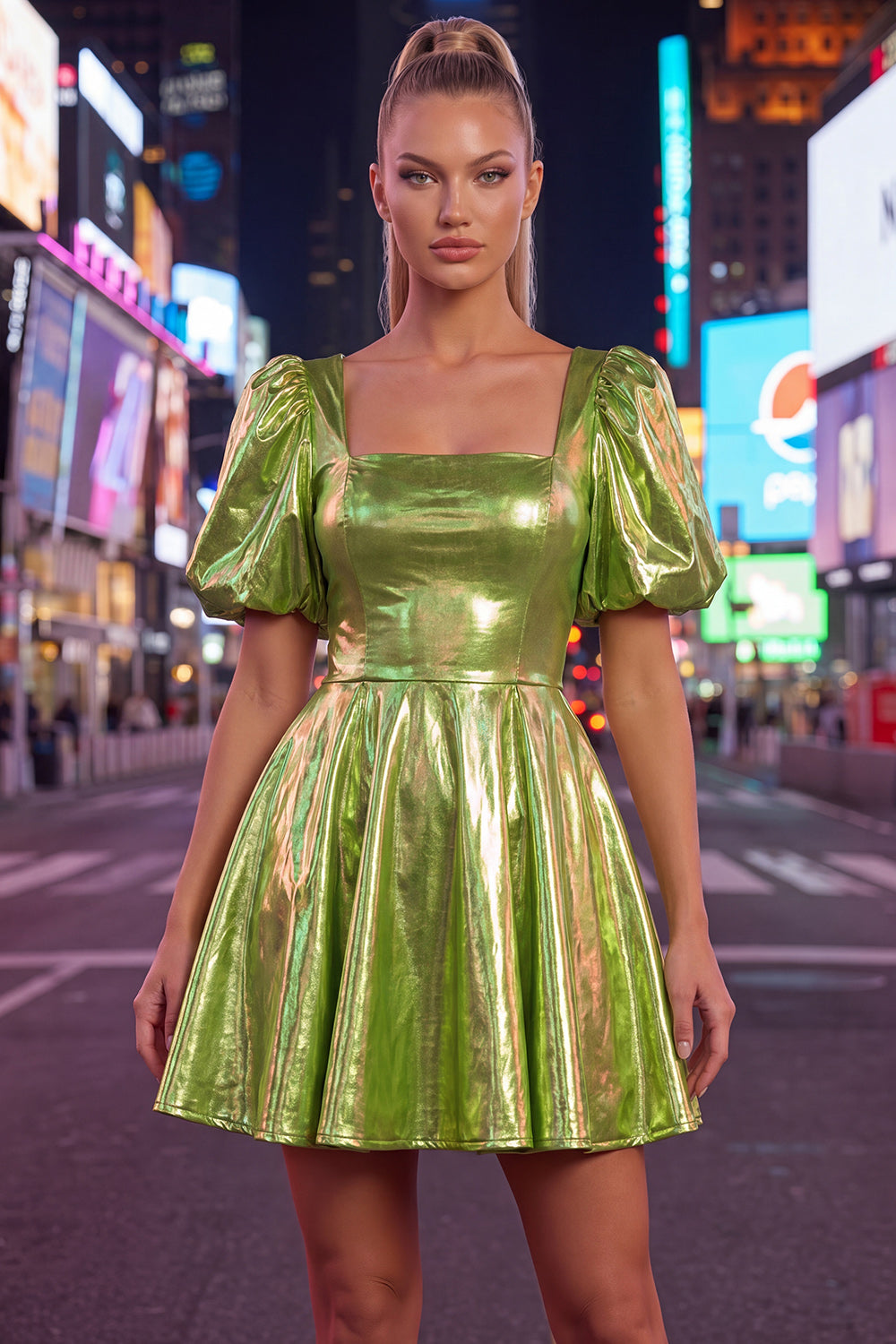Yellow Metallic A-Line Square Neck Homecoming Dress with Puff Sleeves