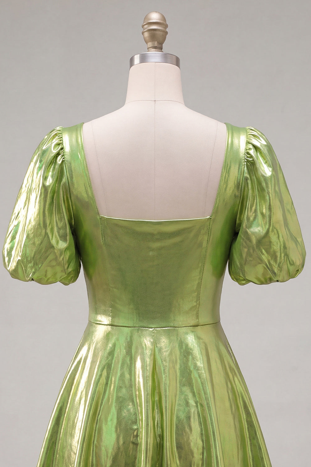 Yellow Metallic A-Line Square Neck Homecoming Dress with Puff Sleeves
