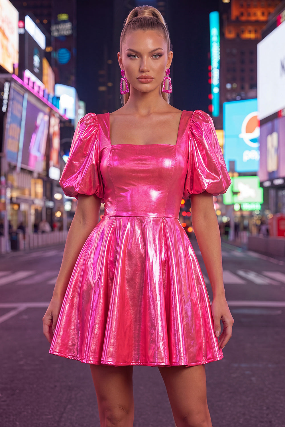 Yellow Metallic A-Line Square Neck Homecoming Dress with Puff Sleeves