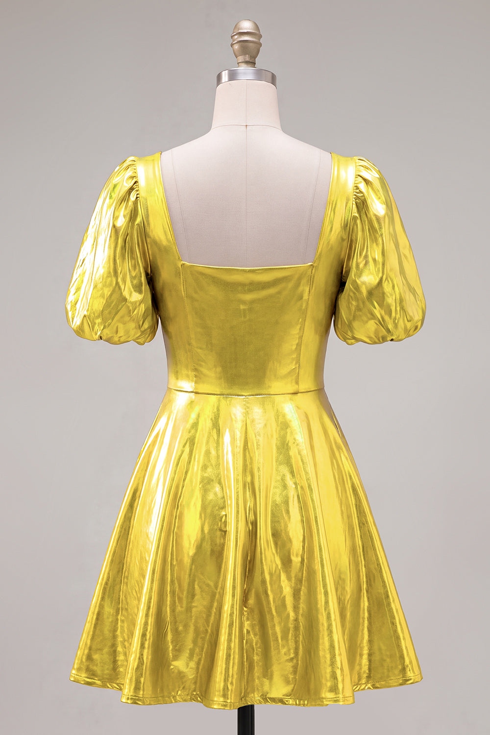 Yellow Metallic A-Line Square Neck Homecoming Dress with Puff Sleeves
